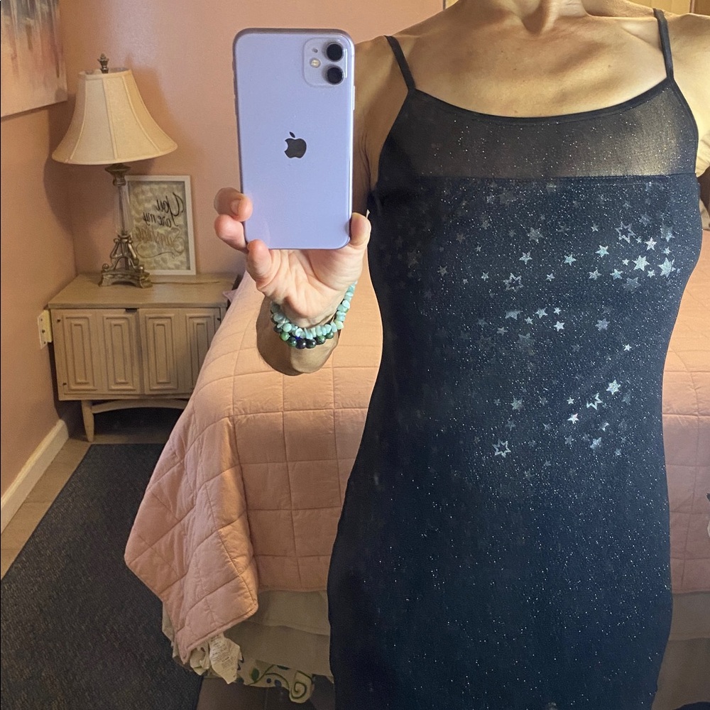 Roberta Elegant Evening dress - Black Sheer overlay w/shiny stars
